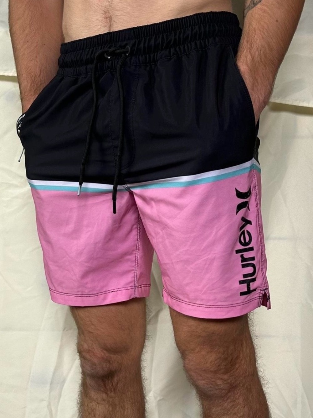 Hurley Black & Pink Colorblock Swim Board Shorts with Teal Accent Sz XL